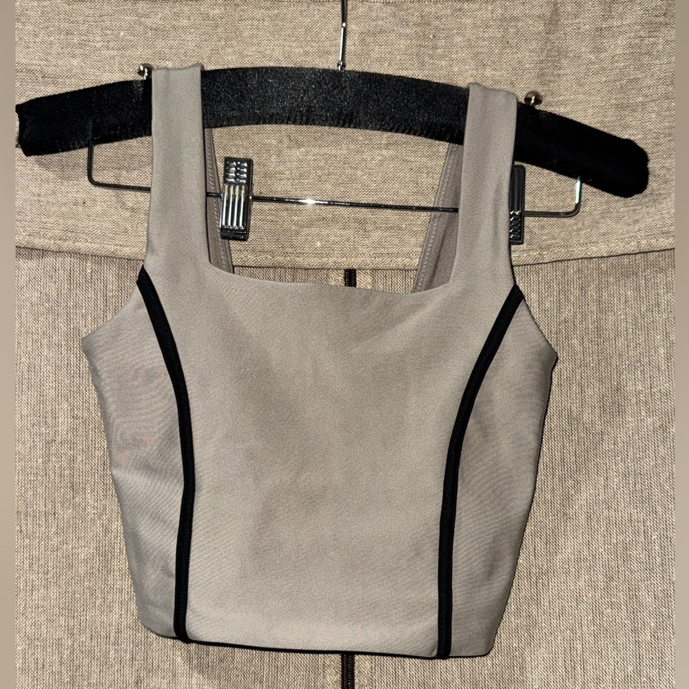 YPB A&F athletic tank top, XXS in taupe with black stripes